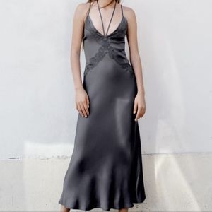Emborided Midi Slip Dress Zara Charcoal Gray M NWOT